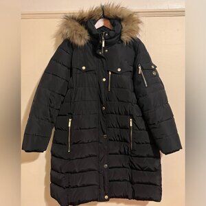 Michael Kors Black Puffer Coat 2X Faux Fur Hood Gold Hardware – Like New